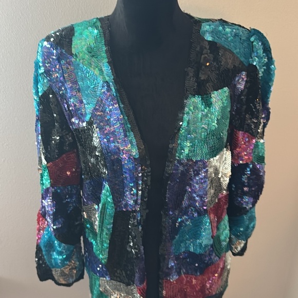 Jean for Joseph Le Bon silk geometric print sequin open front Jacket blazer Sz M - Picture 2 of 5